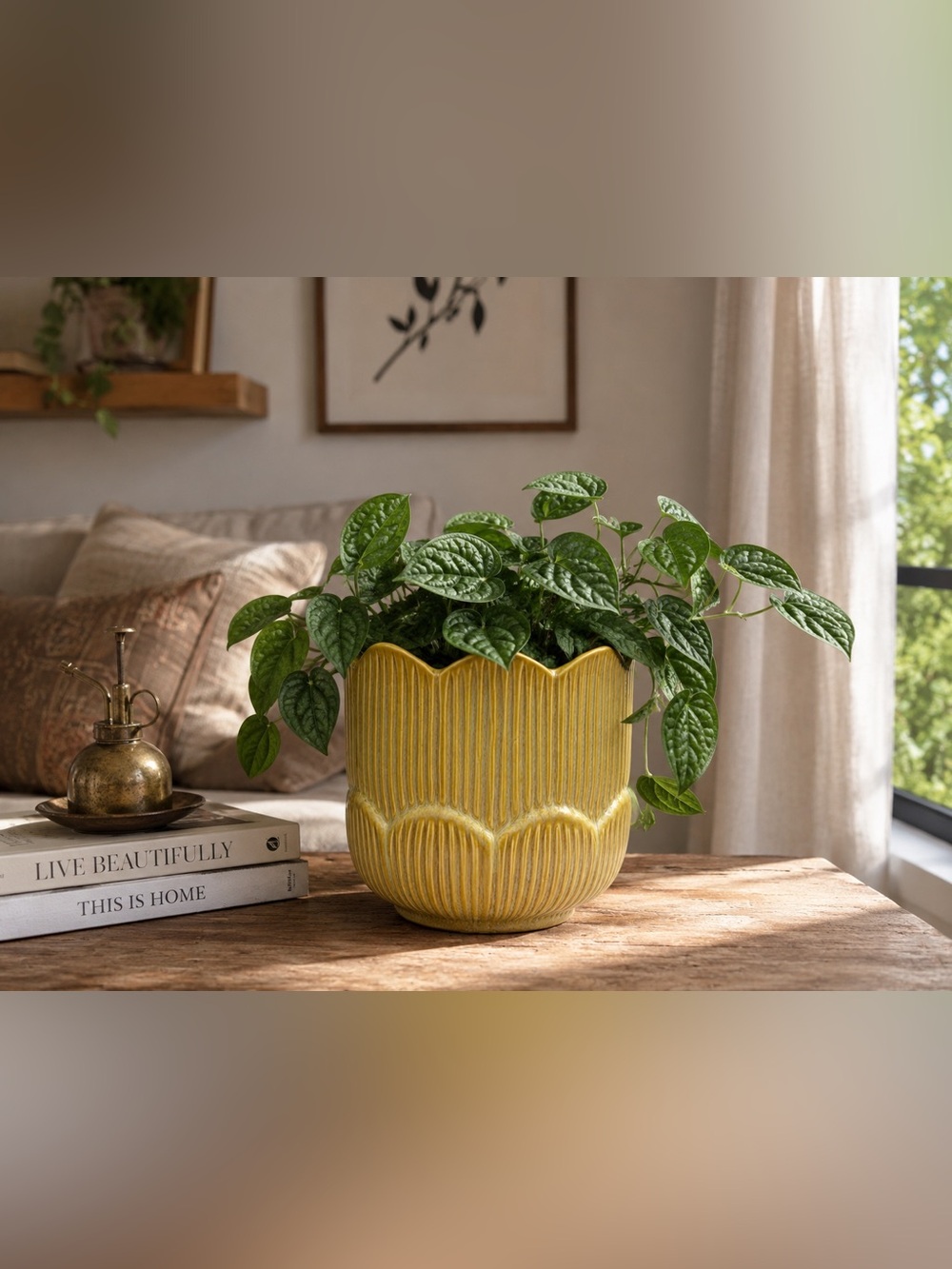 Tan Ceramic Lotus Planter with Drainage, 7 Inch Scalloped Ribbed Flower Pot